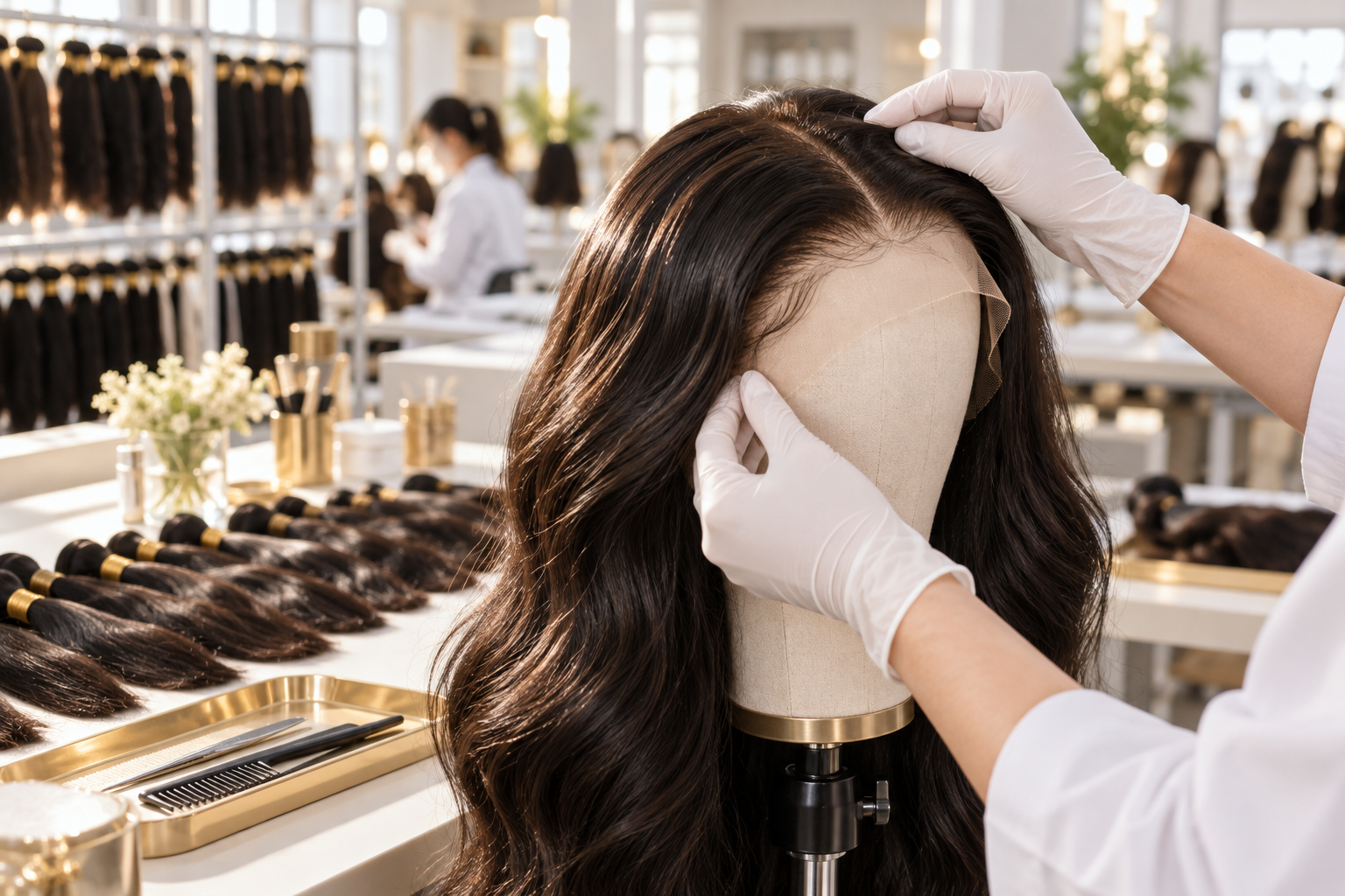 Quality-control inspection of a lace-front wig in a professional workshop