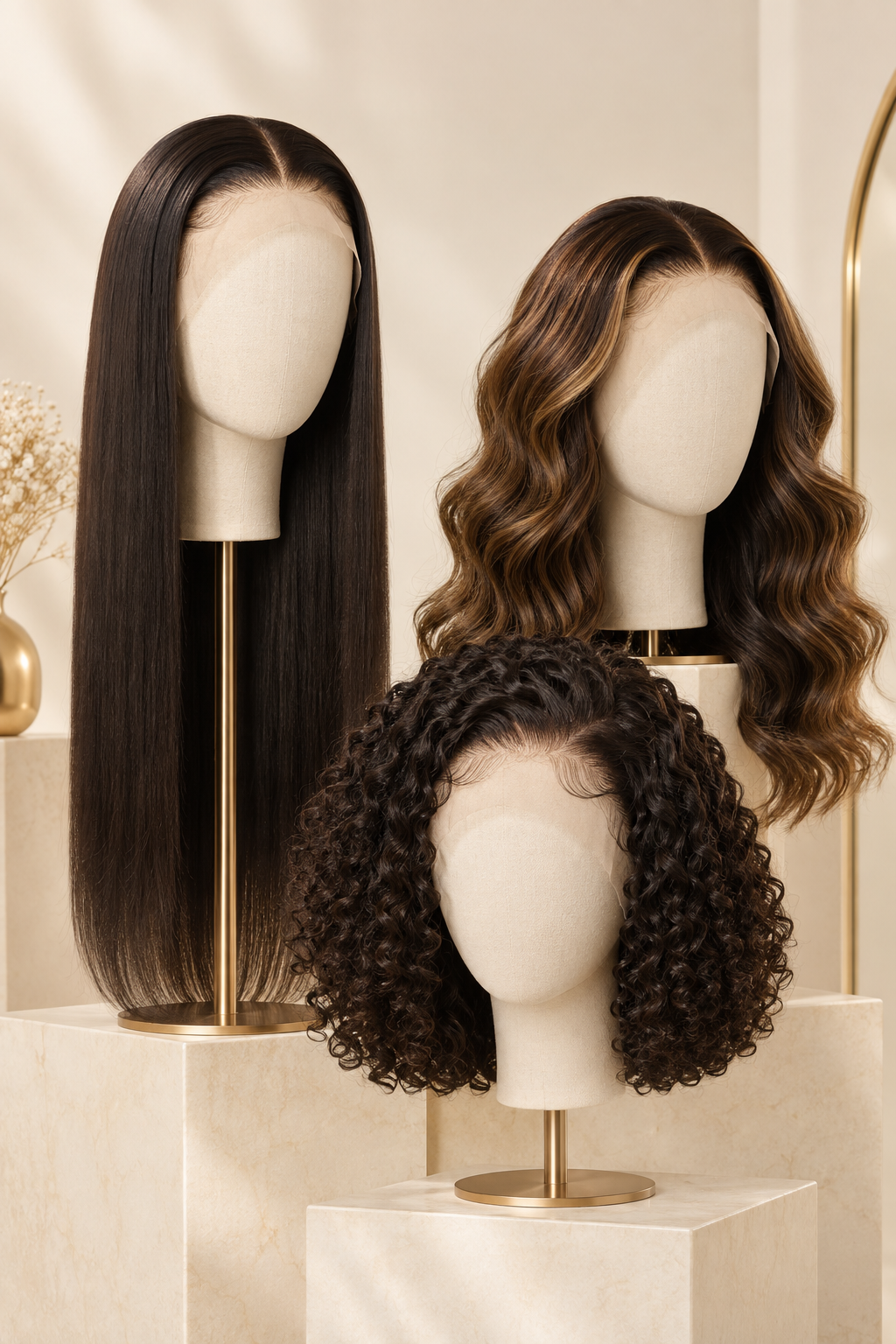 Straight, body-wave and curly human-hair wigs on mannequin heads