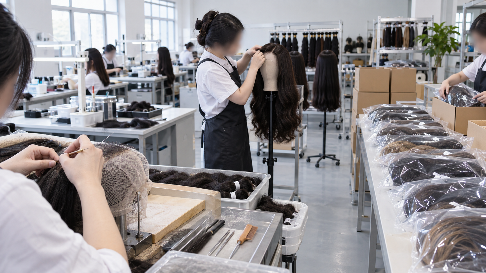 Wig workshop production, inspection and packing zones